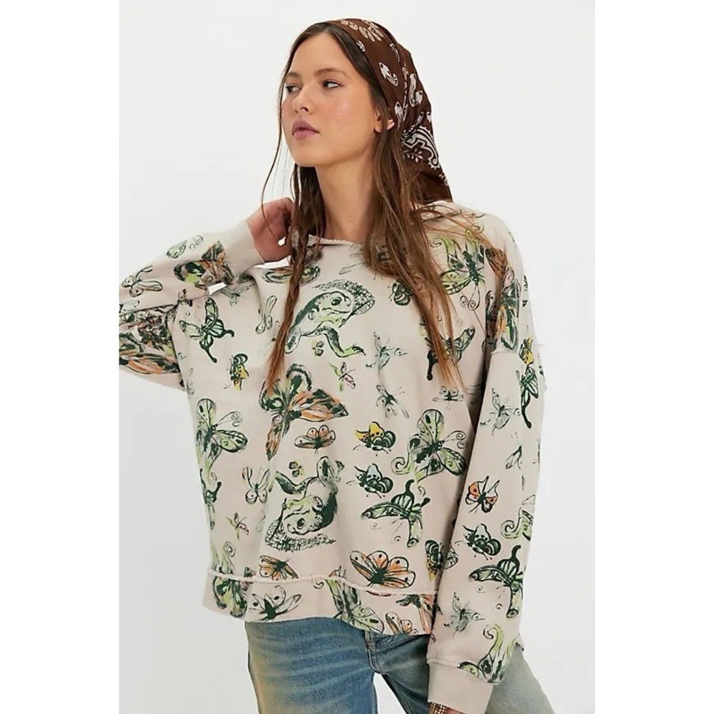NWT Free People Swan Gossip Ragabond Butterfly Frog Hoodie Shirt Medium/M Folksy